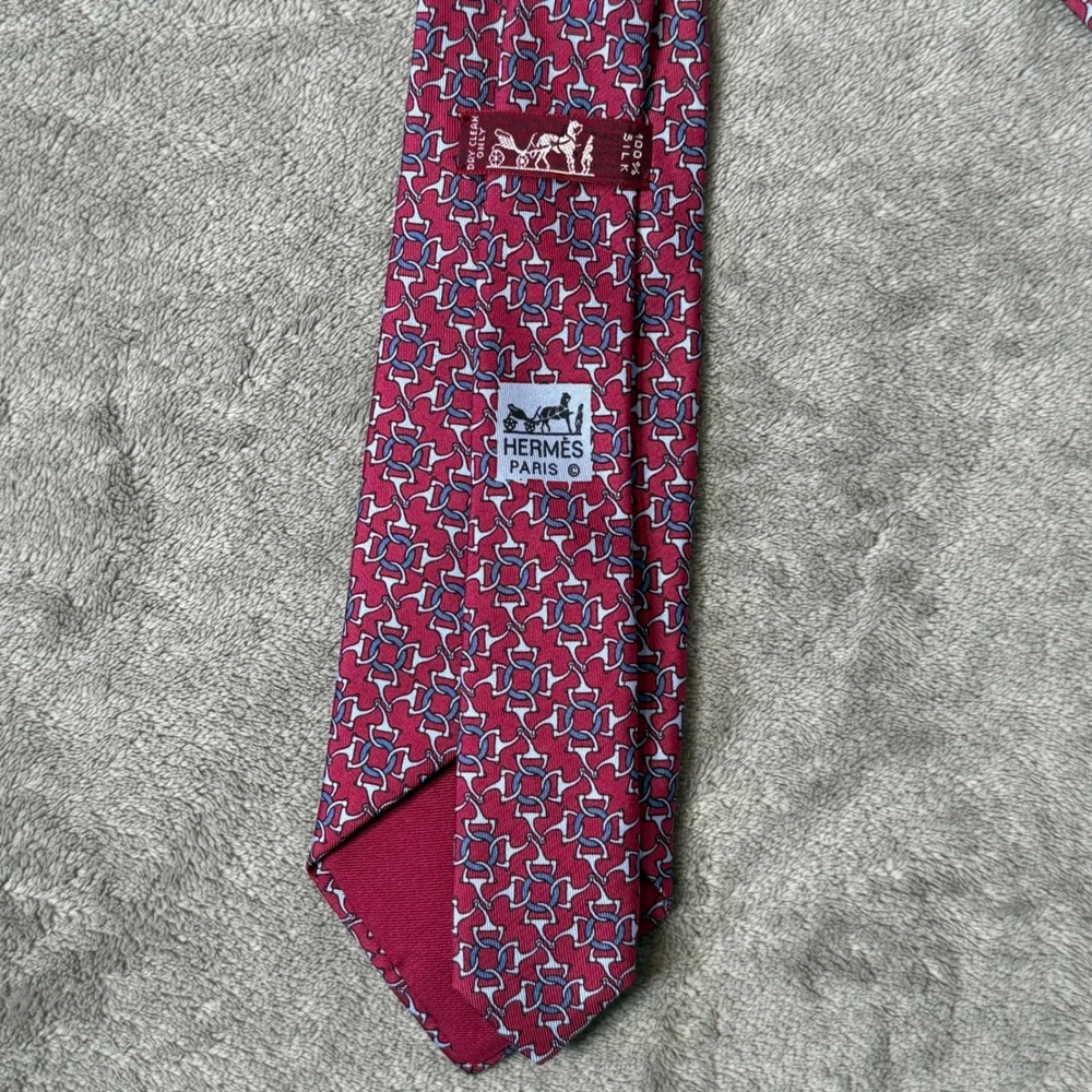 Hermes Paris Silk Tie Red Blue Horsebit Geometric Pattern 7115 FA Equestrian - Picture 6 of 8